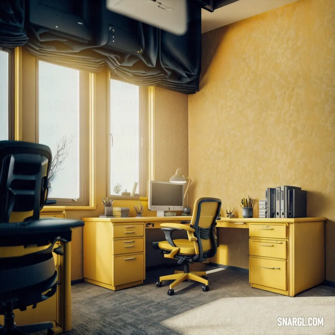 PANTONE 131 color. Yellow office with a black chair and a yellow desk and a window with a black curtain and a white rug