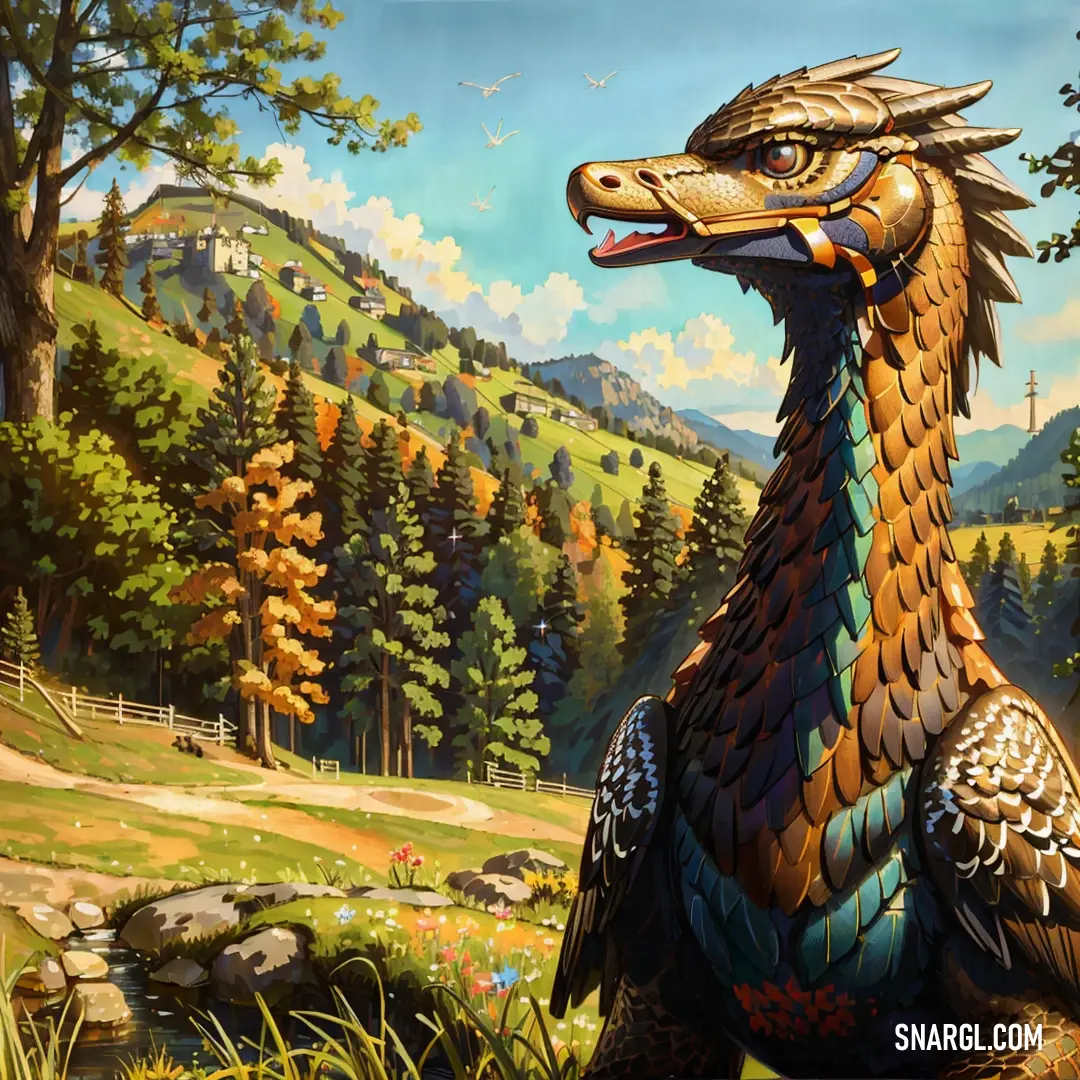 Painting of a dragon on a rock in a field with a mountain in the background and a forest in the foreground
