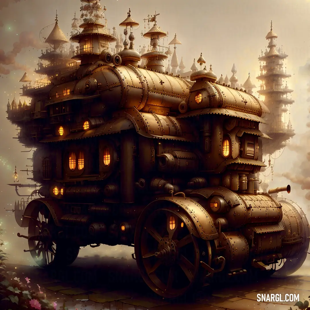 Steampunky car with a lot of lights on it's roof and windows on the side