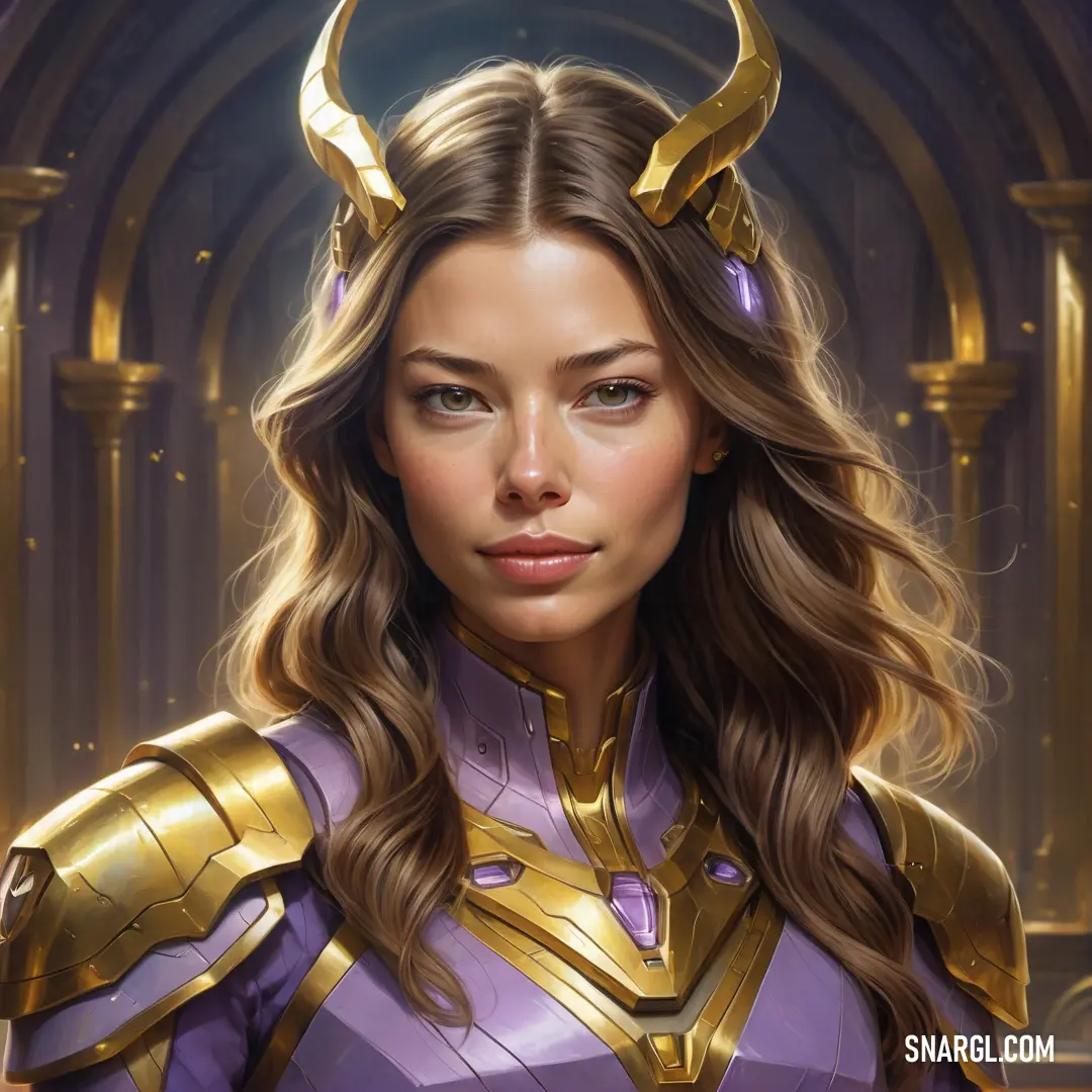 Woman in a purple outfit with horns and horns on her head