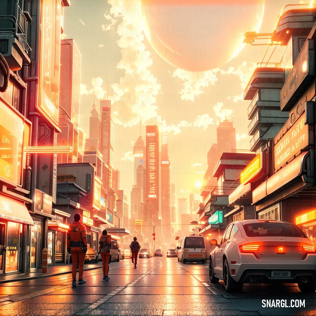 City street with cars and people walking on it at sunset or sunrise time with a huge disk in the sky