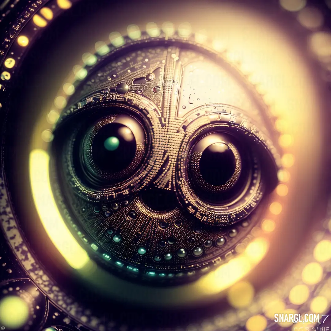 Close up of a camera lens with a picture of an owl's face in the center of the lens. Color PANTONE 134.