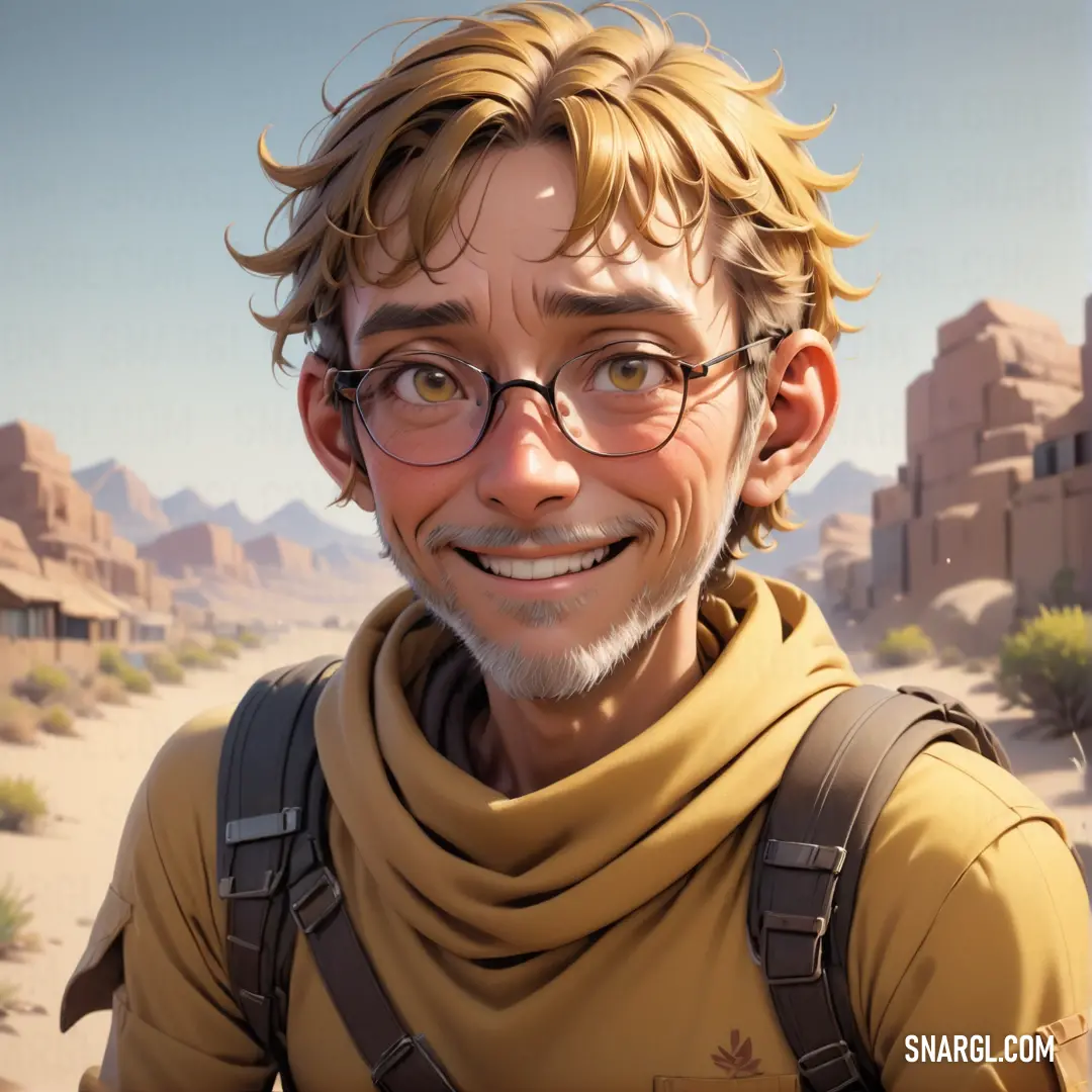 Man with glasses and a scarf on in a desert setting with a desert background and a desert town. Color RGB 245,210,122.