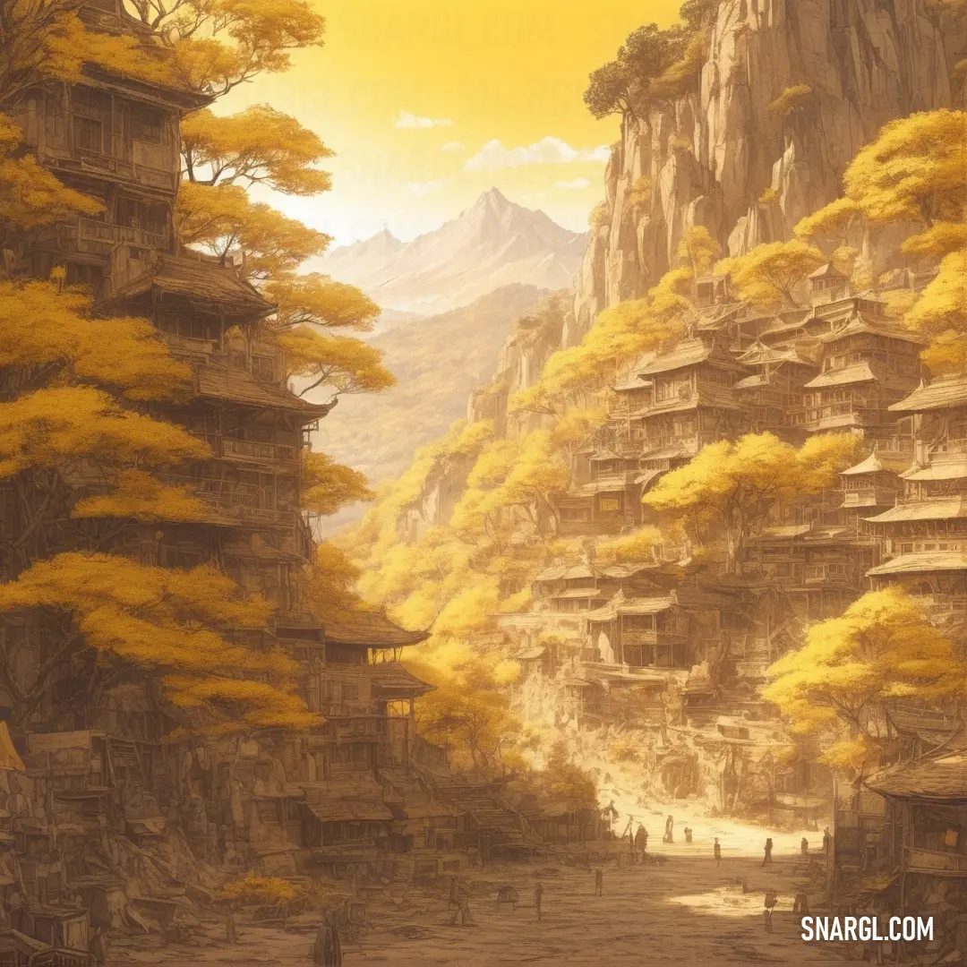Painting of a mountain village with a lot of trees and people walking around it and a yellow sky
