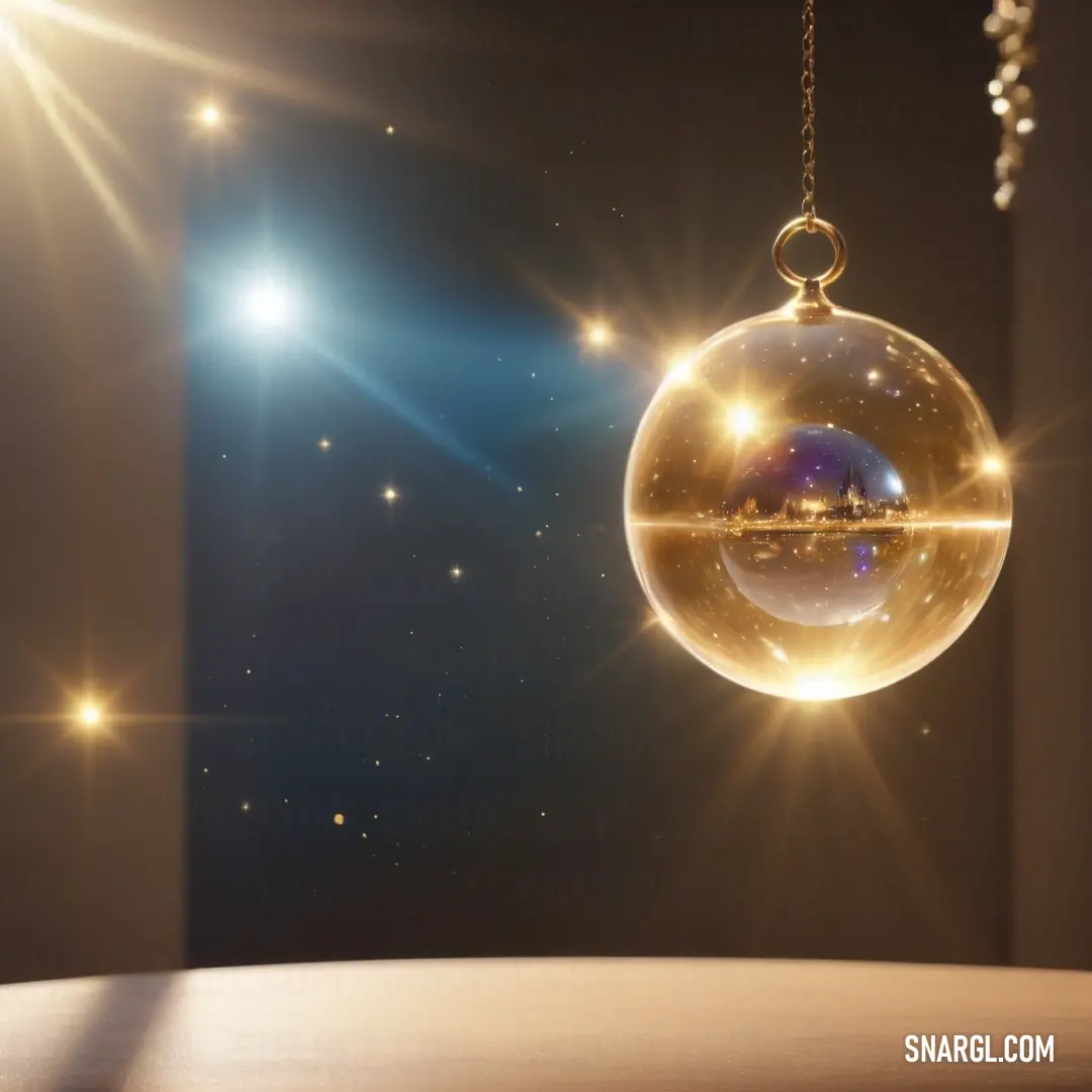Shiny ball hanging from a chain on a table with lights in the background and a starburst in the foreground. Color #F5D27A.
