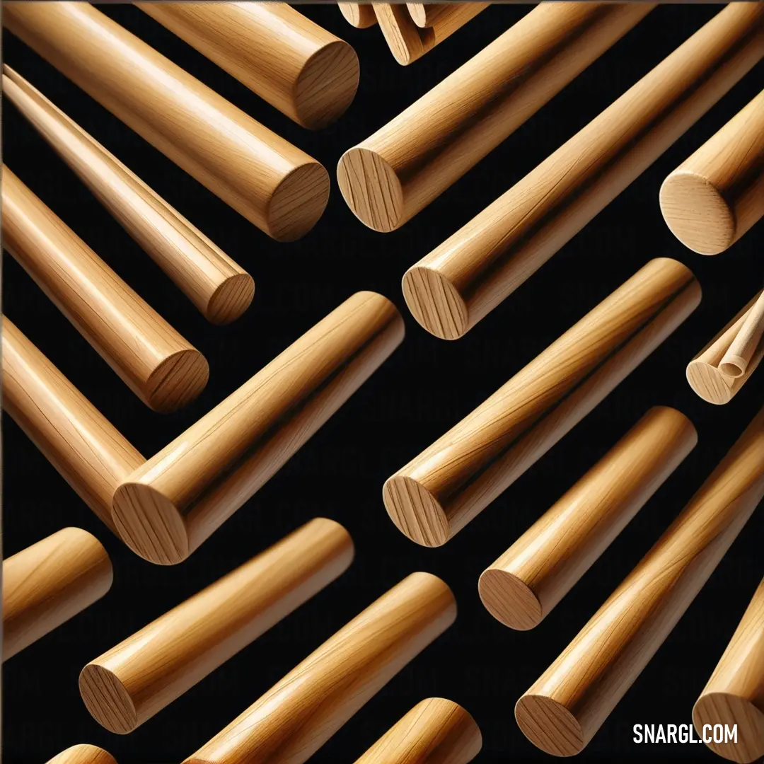 Group of wooden dowels on a black background. Color PANTONE 1345.