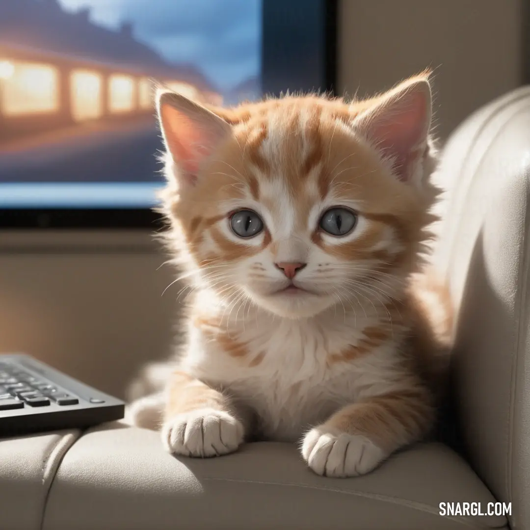 Kitten on a couch next to a laptop computer and a monitor screen in the background. Color RGB 242,203,142.