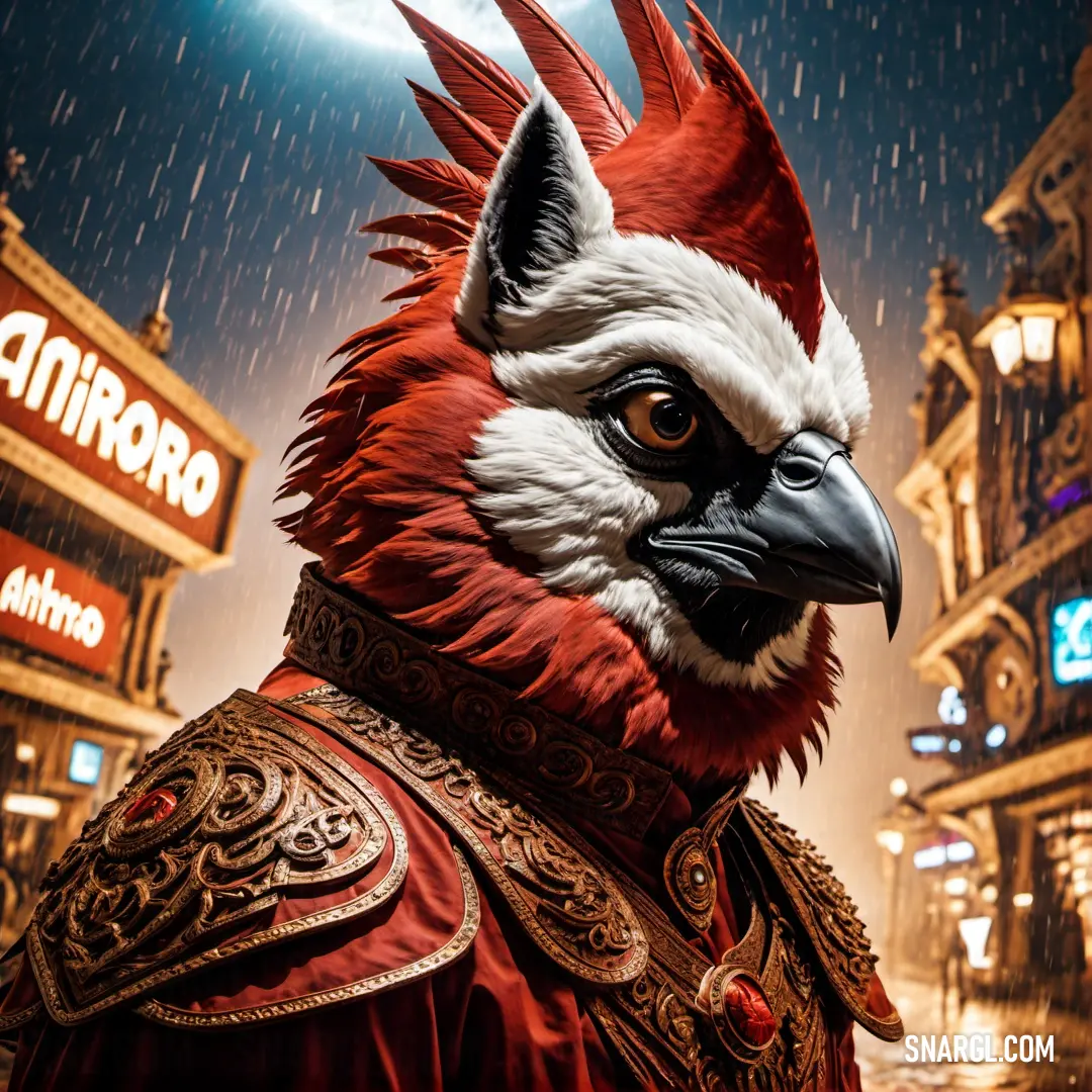 CMYK 0,22,60,0 example: Red and white bird wearing a red and gold costume in the rain at night time with a stadium in the background