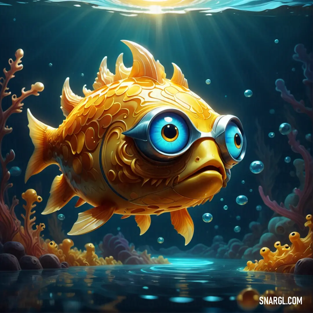 Gold fish with blue eyes swimming in the ocean with corals and algaes under water with a bright sun