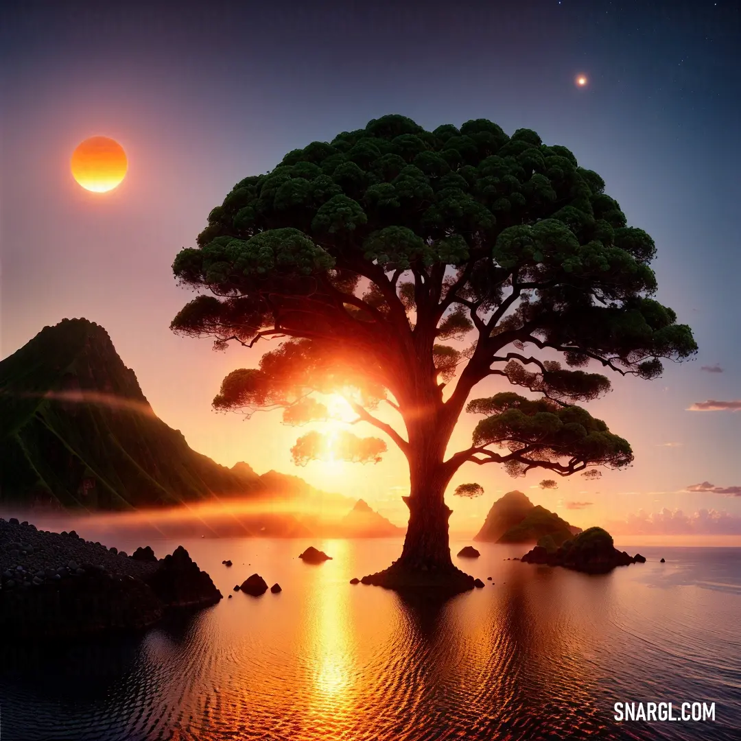 Tree is standing in the water at sunset with the sun in the background and a distant mountain in the distance