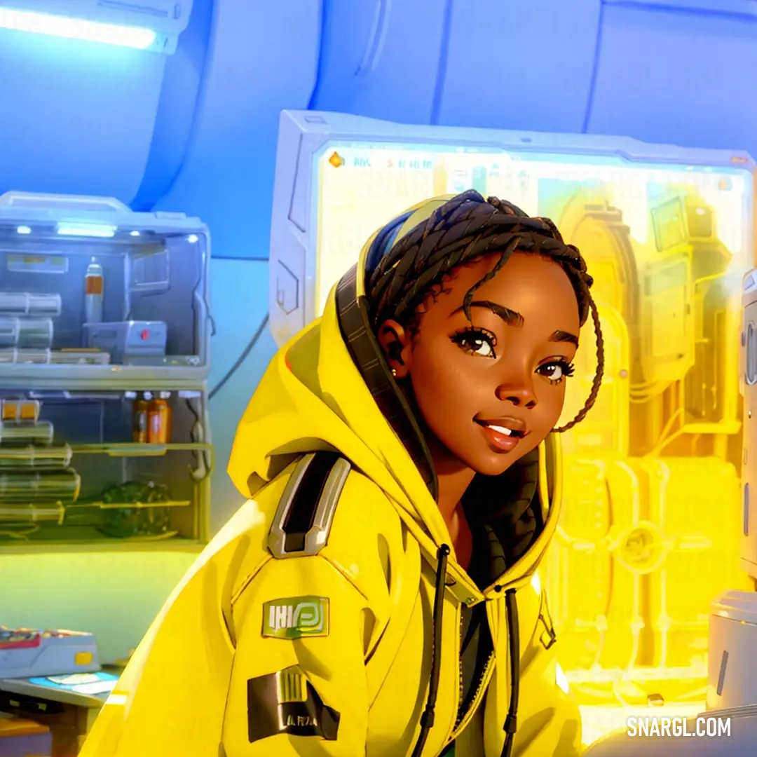 Woman in a yellow jacket is standing in a room with a yellow light on her face
