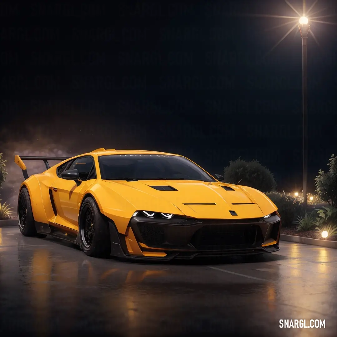 Yellow sports car parked in a parking lot at night with a street light in the background and a dark sky