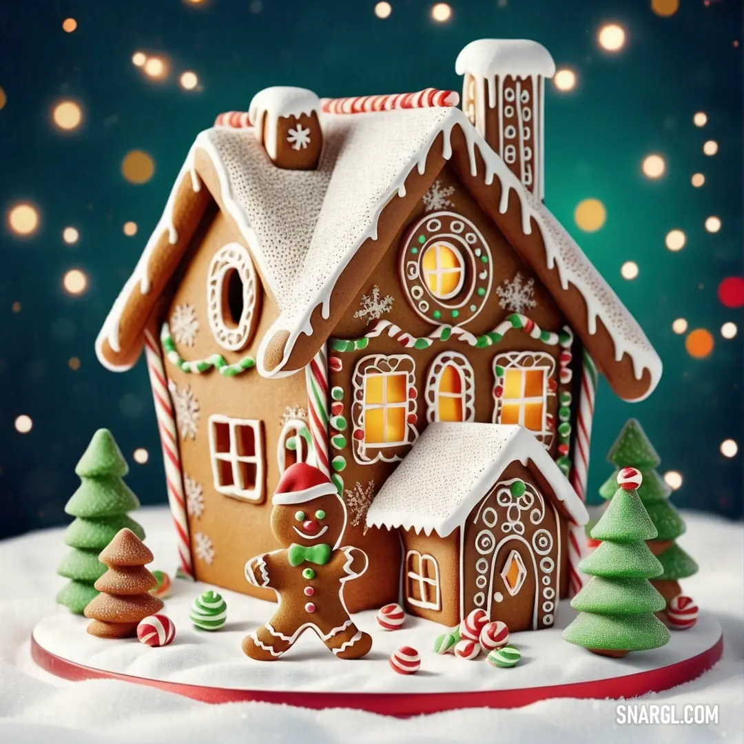 Gingerbread house with a christmas tree and lights in the background. Color CMYK 0,34,76,0.