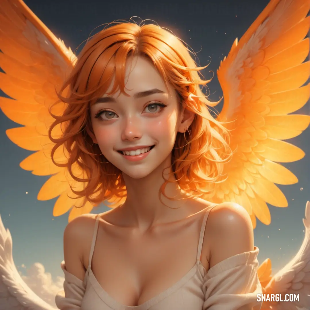 Digital painting of a woman with orange hair and angel wings on her chest. Color CMYK 0,45,94,0.