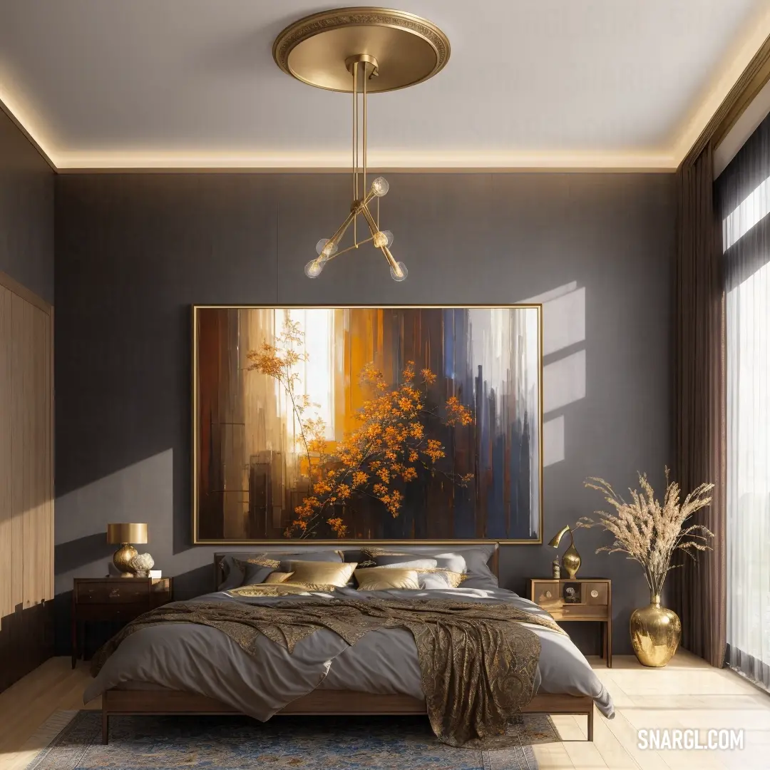 Bedroom with a large painting hanging above the bed and a painting on the wall above the bed and a painting on the wall