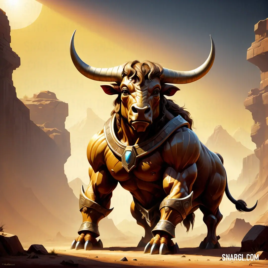 Bull with horns standing in a desert area with a mountain in the background. Example of RGB 217,133,45 color.