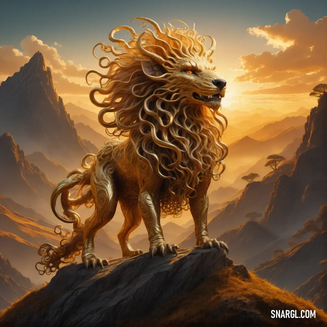 Golden lion standing on a rock in the mountains at sunset with a mountain range in the background. Color CMYK 2,56,100,3.