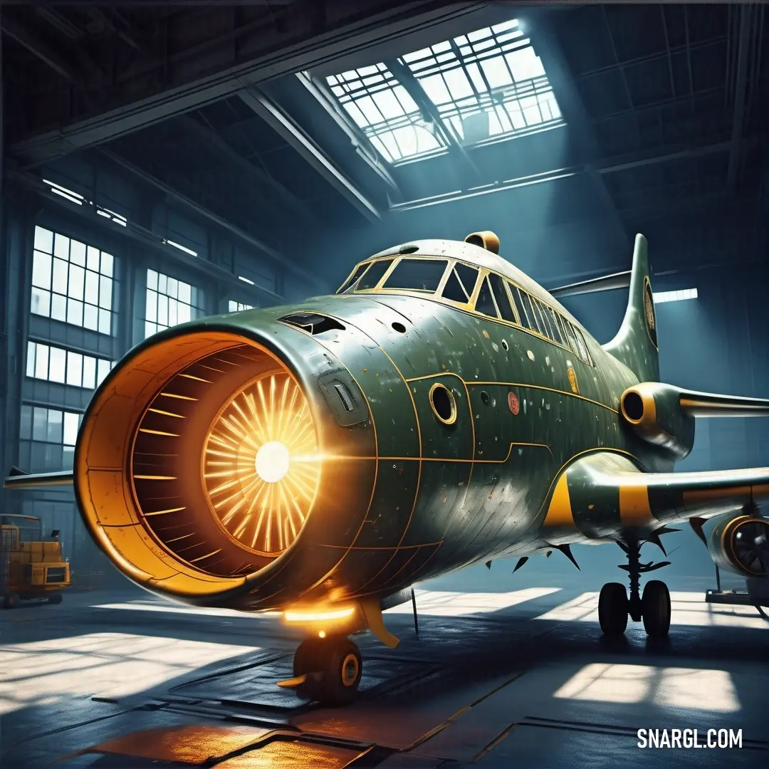 PANTONE 1385 color. Large green airplane inside of a hangar next to a window and a light on the side of the plane
