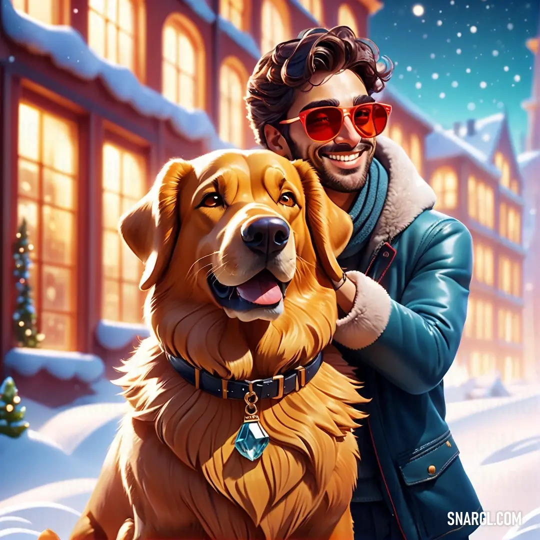 Man holding a dog in front of a snowy street with a building and a christmas tree in the background. Example of CMYK 2,56,100,3 color.
