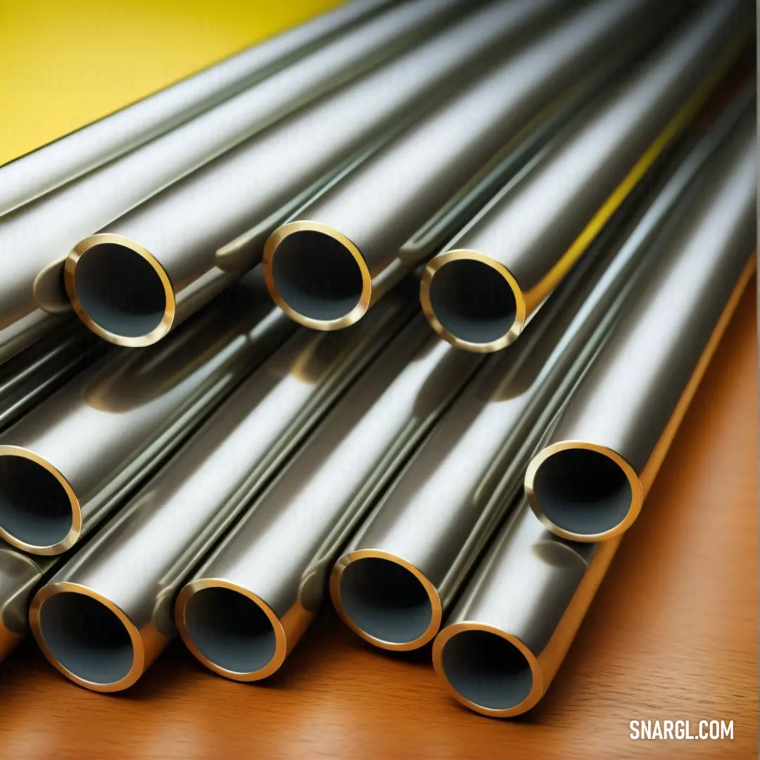 A meticulously arranged collection of gleaming metal tubes resting on a vibrant yellow tabletop. The contrast between the industrial metal and the bright background creates a visually stimulating image that draws the eye.