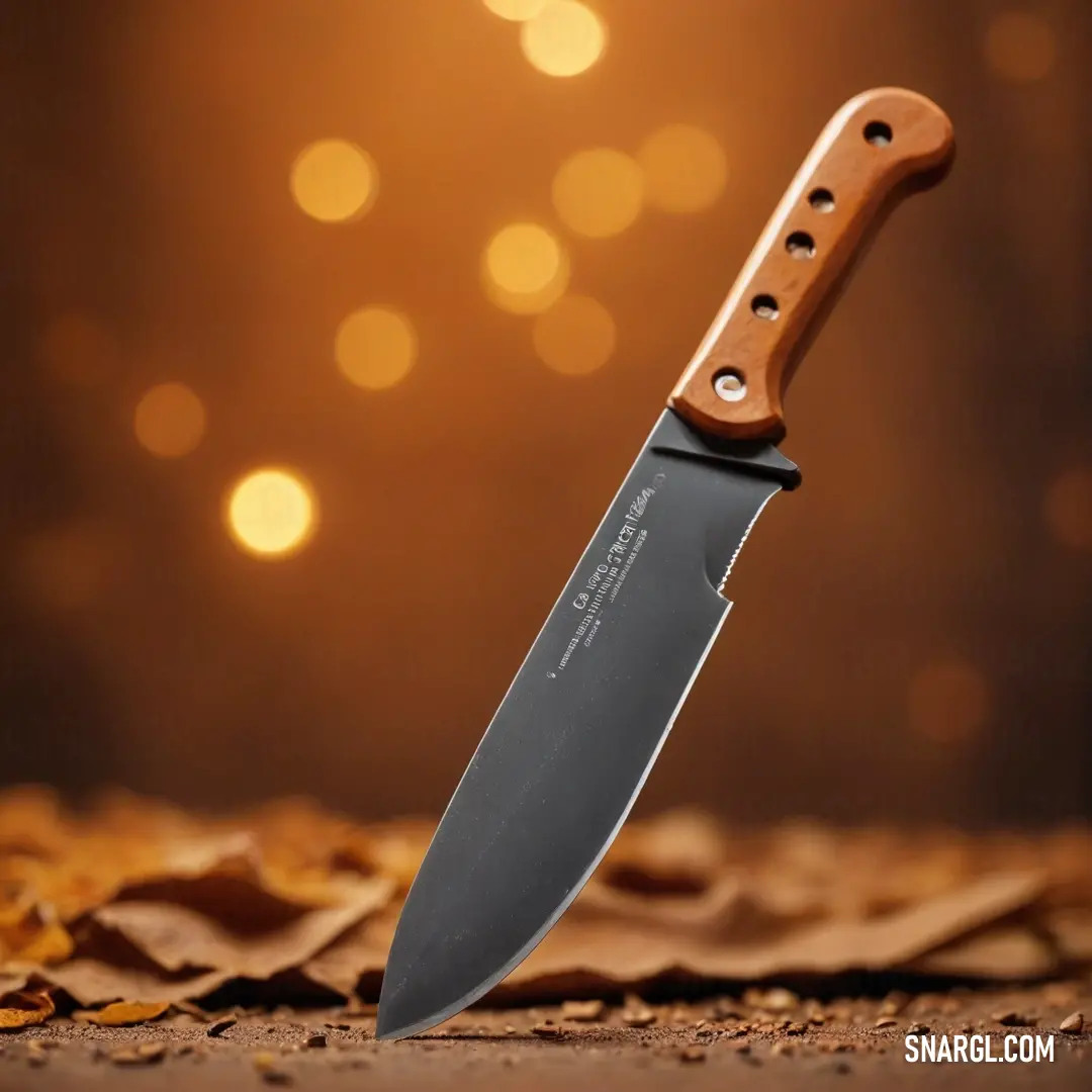 A beautifully crafted knife with a wooden handle rests elegantly on a textured table, accentuated by a soft-focus background that adds depth and warmth to the scene. An example of the harmonious CMYK colors used in design.