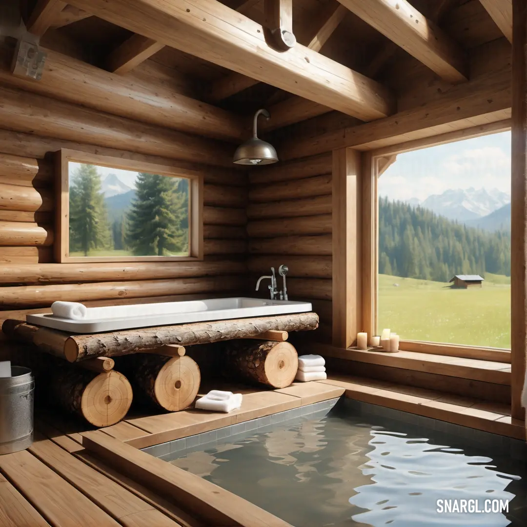 A spacious wooden cabin featuring a luxurious hot tub and expansive windows displaying breathtaking mountain views, inviting relaxation in nature's embrace, all illustrated in warm PANTONE 139 colors.