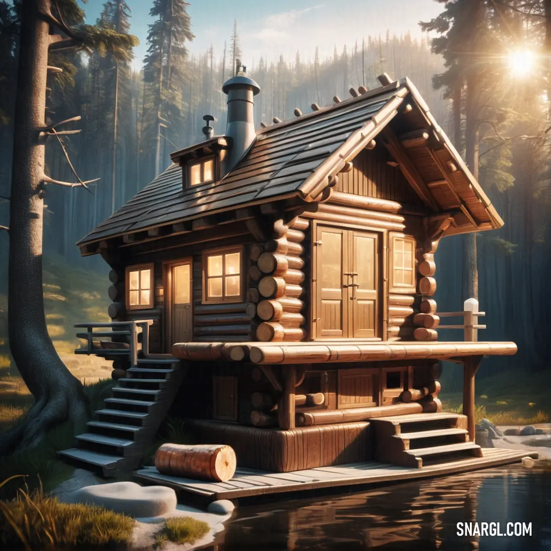 A picturesque log cabin complete with a charming porch, nestled at the water's edge, surrounded by lush greenery and serene reflections. The warm tones echo the beauty of nature as seen in PANTONE 139.