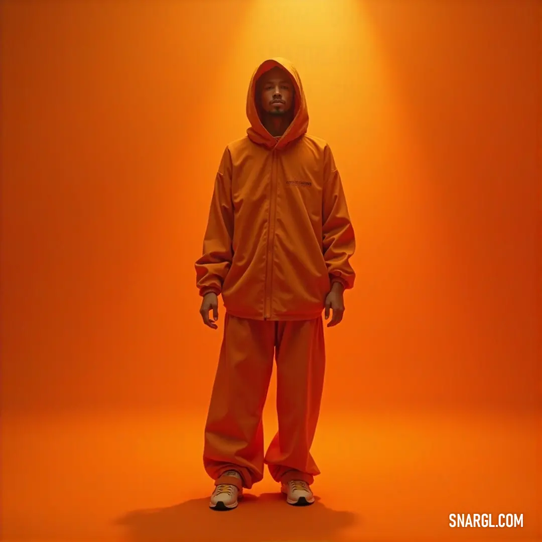 A man dressed in a vibrant orange outfit stands confidently against a matching bright orange backdrop, creating an energetic and warm atmosphere. The colors blend seamlessly, emphasizing the boldness of his attire and the striking background.