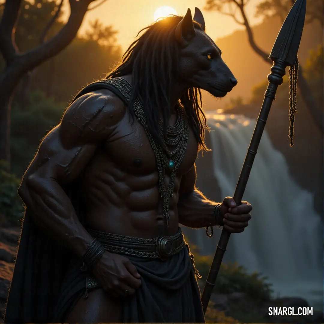 A dramatic portrayal of a man with a wolf mask stands bravely in front of a picturesque waterfall at sunset. The stunning backdrop enhances his presence, reflecting an adventurous spirit and an invitation to explore the untamed corners of a magical landsc