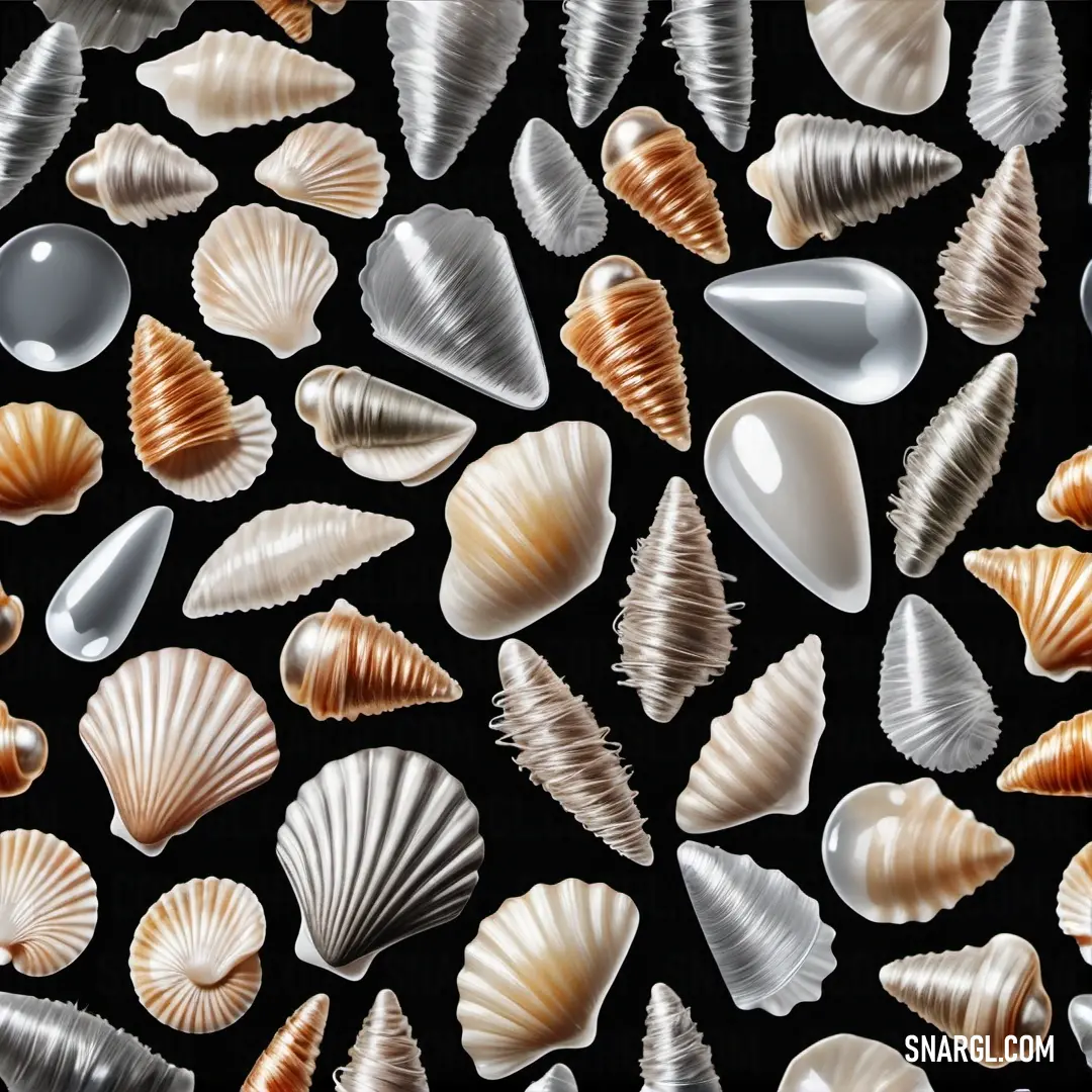 A vibrant collection of seashells, each one uniquely shaped and textured, arranged artfully on a deep black surface. The shells display a range of colors, inviting curiosity about their origins and the ocean's beauty.