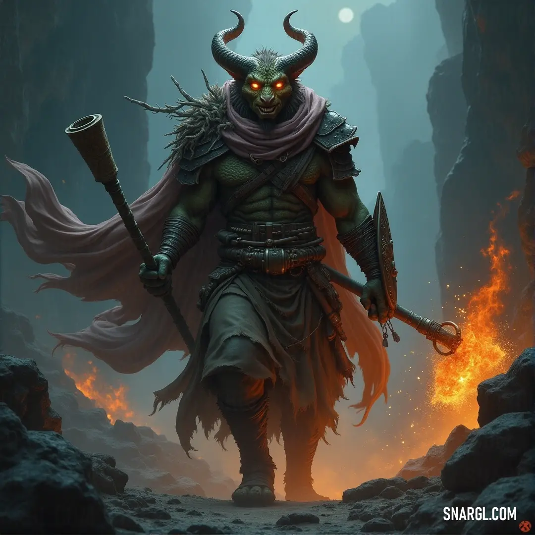 In a dark and thrilling scene, a horned demon stands resolutely in a cave, holding a staff while bright flames flicker menacingly nearby. Rugged rocks frame the image, creating a stark contrast to the glowing warmth of the fire, amplifying the sense of da