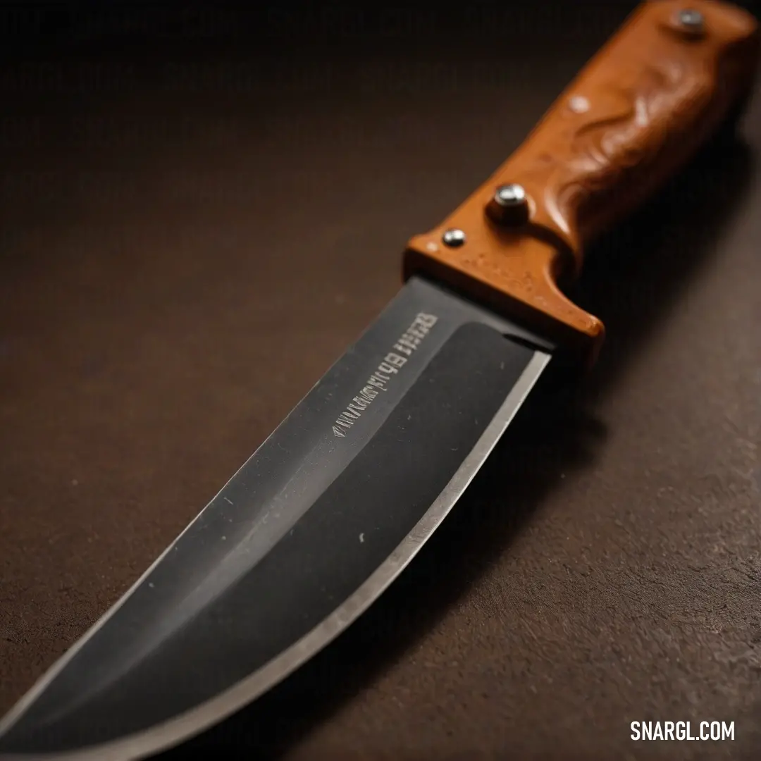 A striking knife, adorned with a brown handle, lies on a polished table accompanied by a brown leather case, emphasizing elegance and sophistication. The black blade creates a captivating contrast.