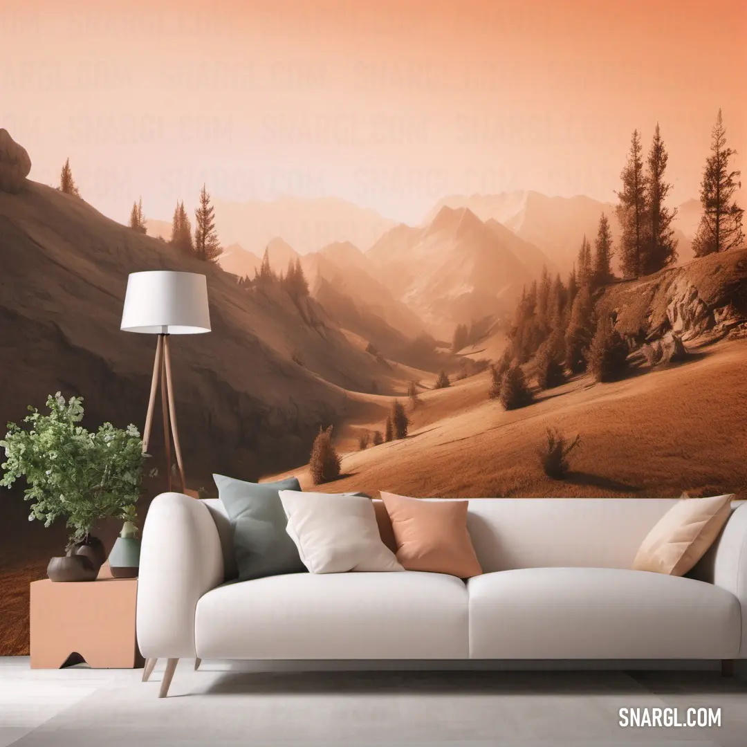 A cozy living room featuring a comfortable couch and an eye-catching wall mural depicting a scenic mountain landscape, bringing the essence of the great outdoors indoors. The ambiance is enhanced with colors reflecting CMYK 7,49,100,25.