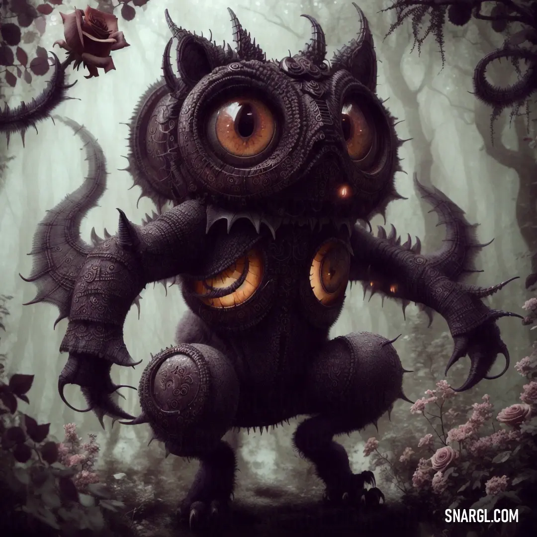 A whimsical creature with oversized eyes and a large nose stands in a forest filled with flowers and trees. Its curious expression contrasts with the tranquil beauty of its natural surroundings.