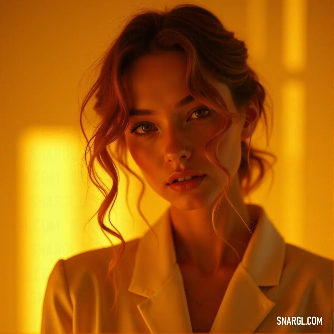 A striking woman with wavy hair and a white shirt gazes at the camera, illuminated by soft yellow light that enhances her natural features and adds a warm glow to the scene.