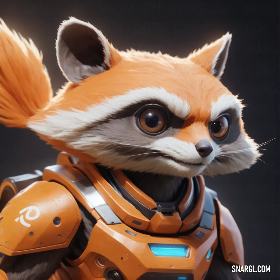 A raccoon in a suit, donning a futuristic helmet and a glowing sci-fi eye, stands confidently against a backdrop of advanced technology. Its curious expression adds an element of mystery.