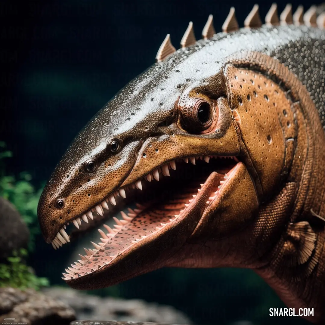 Close up of a dinosaur with its mouth open and teeth wide open. Color #A06928.