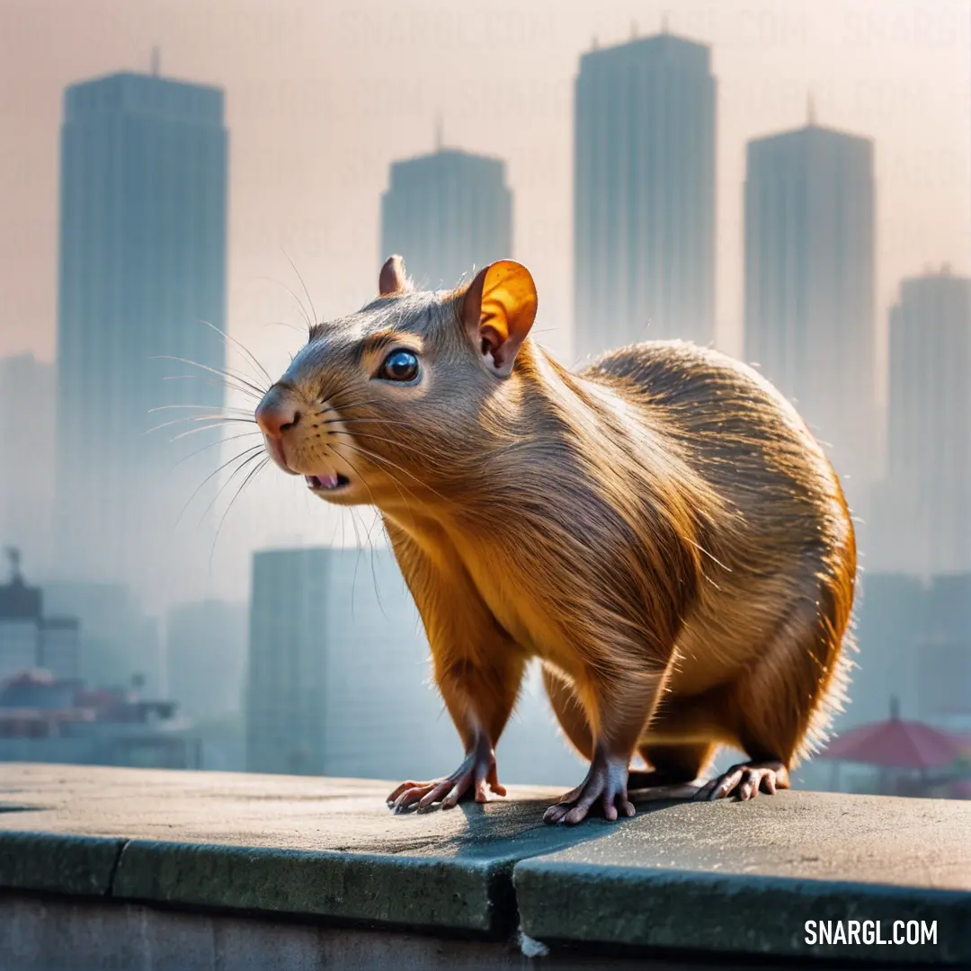 Rodent standing on a ledge in front of a city skyline with skyscrapers in the background. Example of CMYK 9,55,100,39 color.