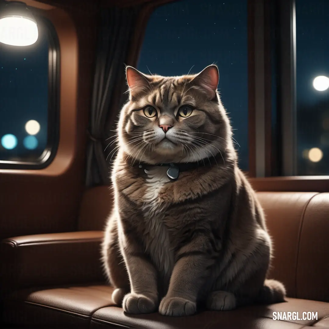 Cat on a leather chair looking out the window at the night sky and stars in the distance