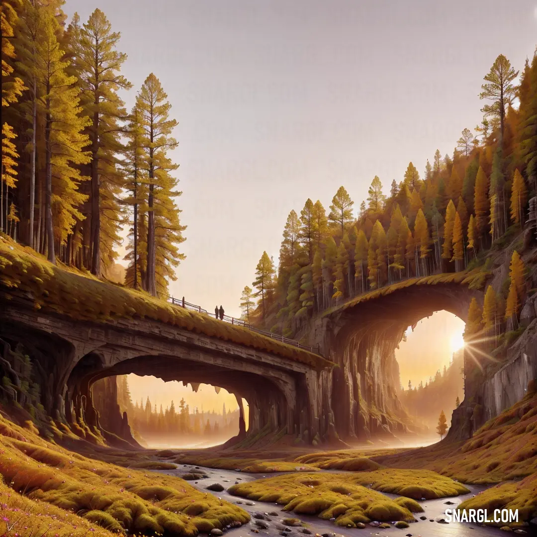 Painting of a bridge over a river in a forest with trees and grass on both sides of it