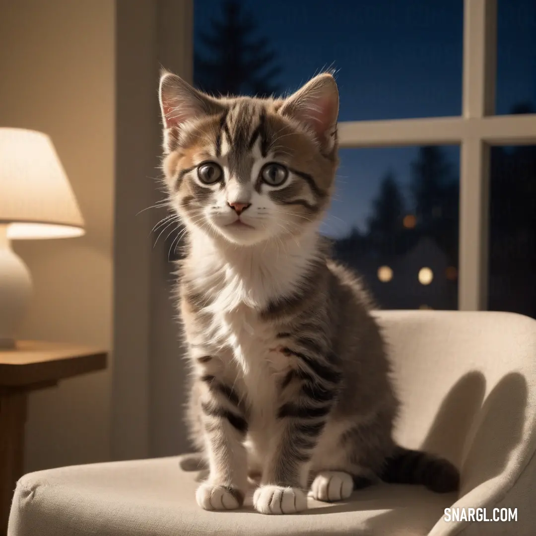 Small kitten on a chair in front of a window at night time