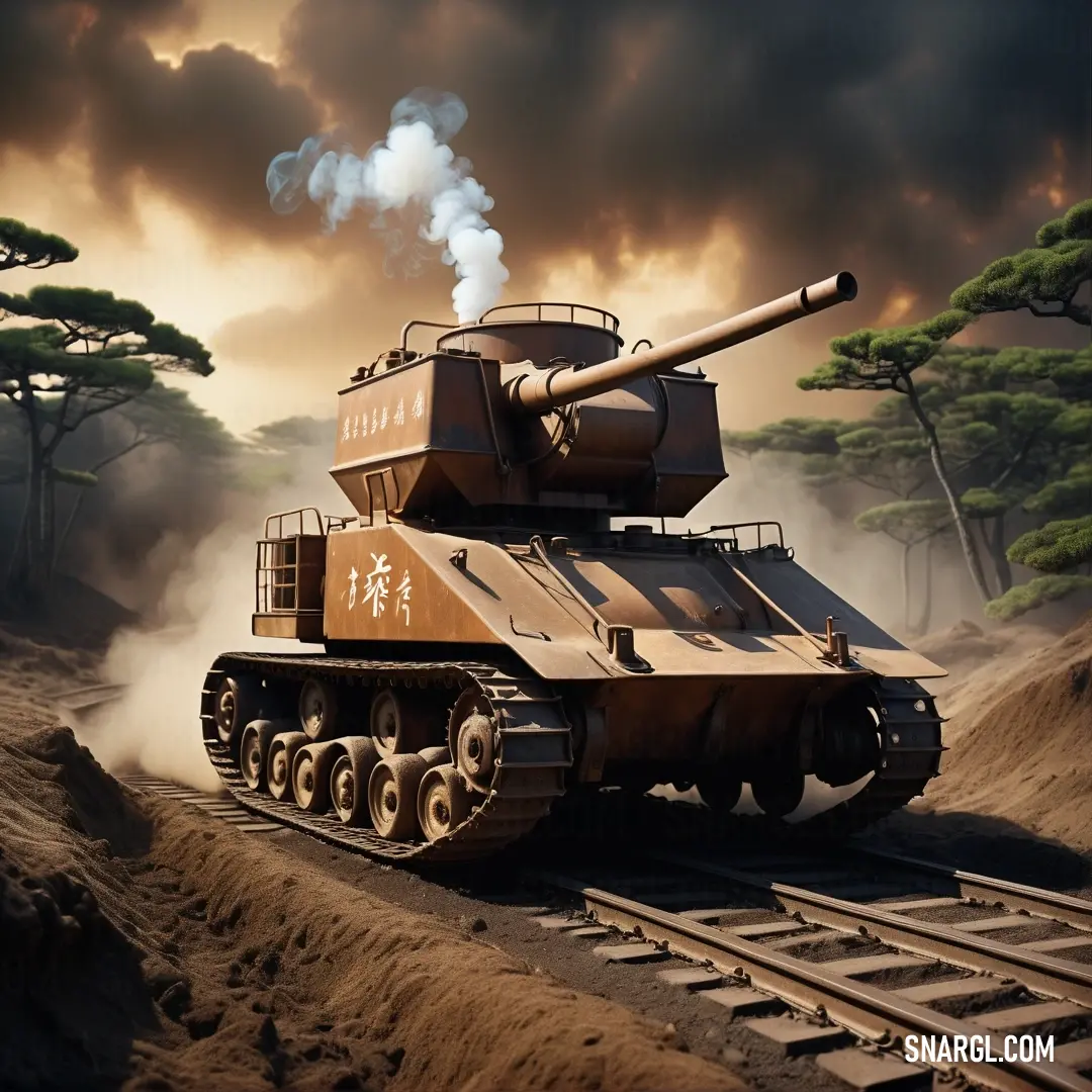 Tank is moving on a train track with smoke coming out of it's top and a tree in the background. Color PANTONE 1405.