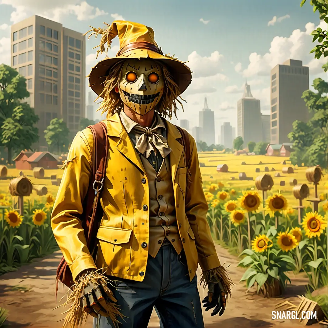 Scarecrow with a hat and a yellow jacket is standing in a field of sunflowers with a city in the background