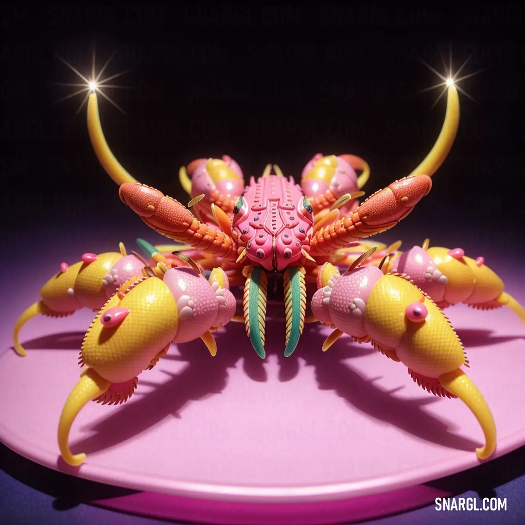 Toy crab on a pink plate with a purple background