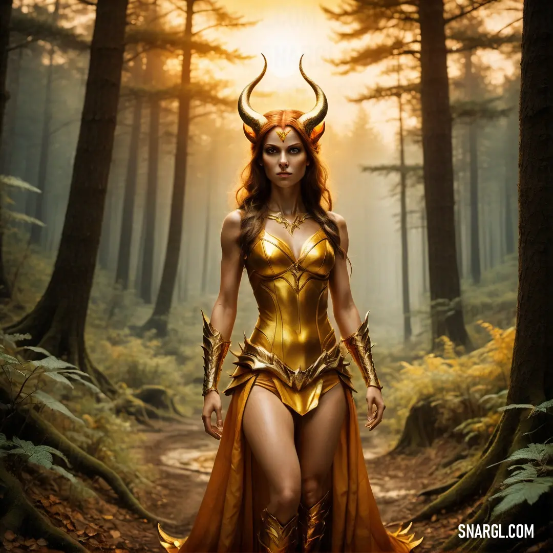 Woman dressed in a costume in a forest with horns and horns on her head and a golden outfit