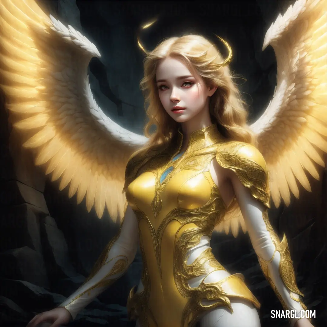 Woman with a golden outfit and wings on her body and a black background with a white angel on it
