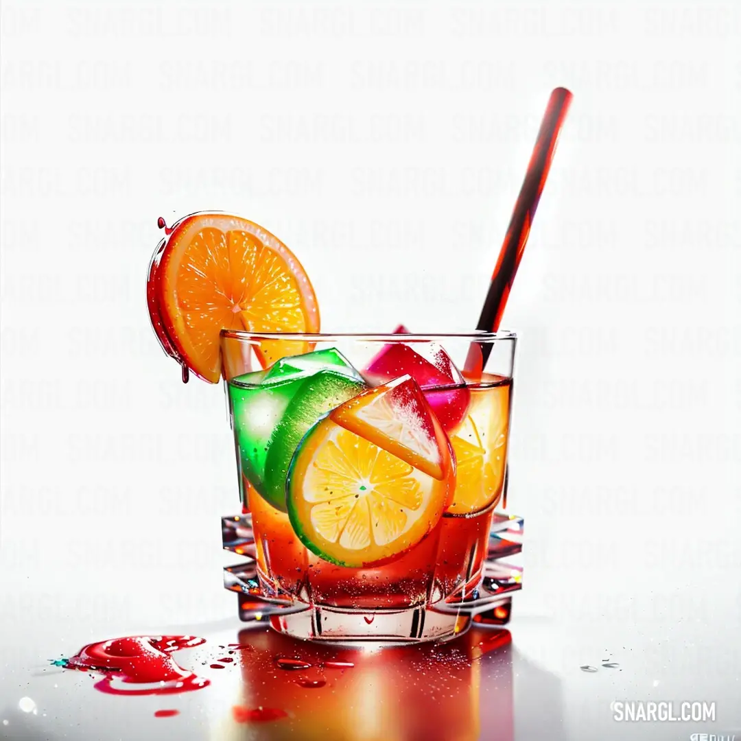 Glass of liquid with a straw and orange slices on it and a spoon in it with a red liquid splashing around it
