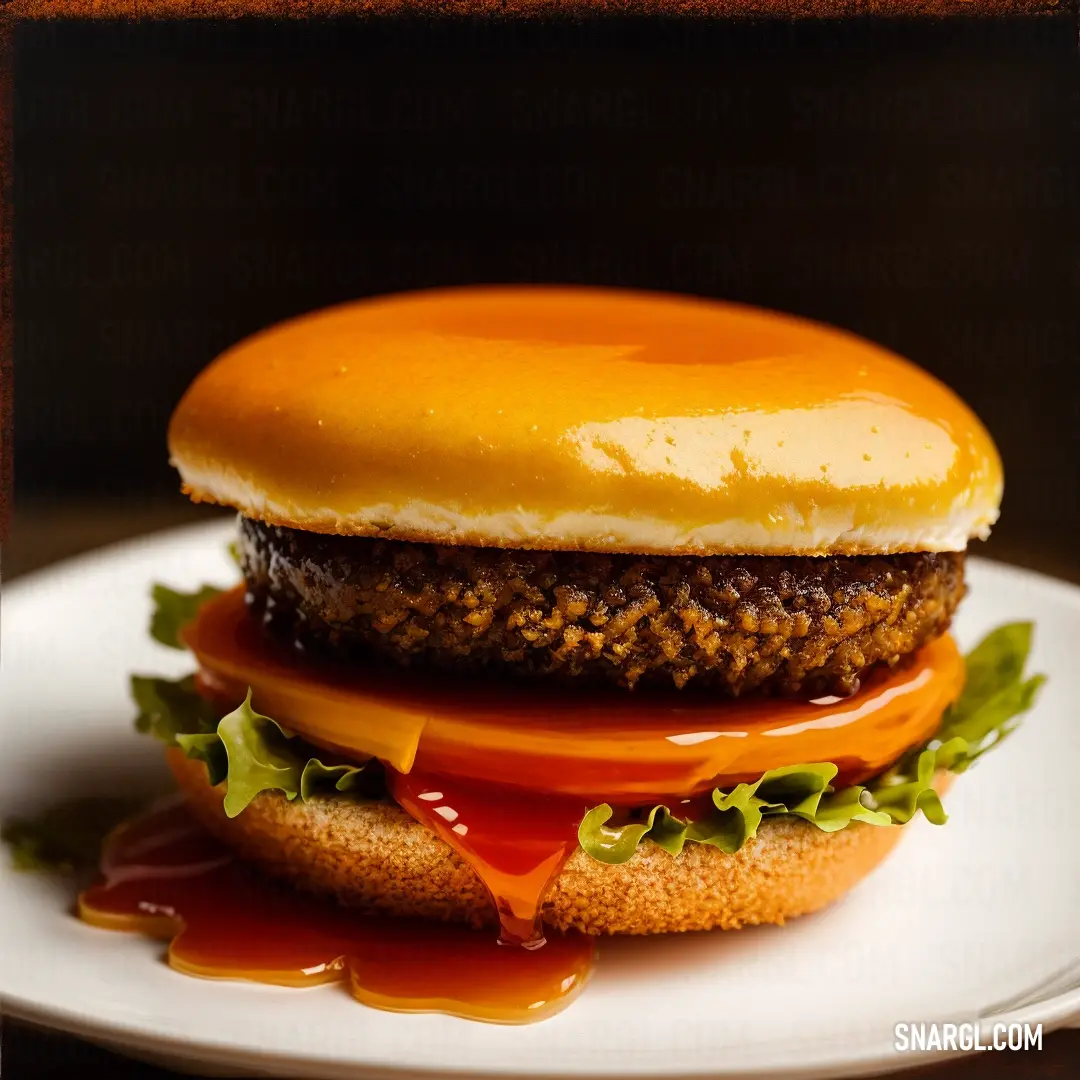 Hamburger with a cheeseburger on a plate with ketchup and sauce on it