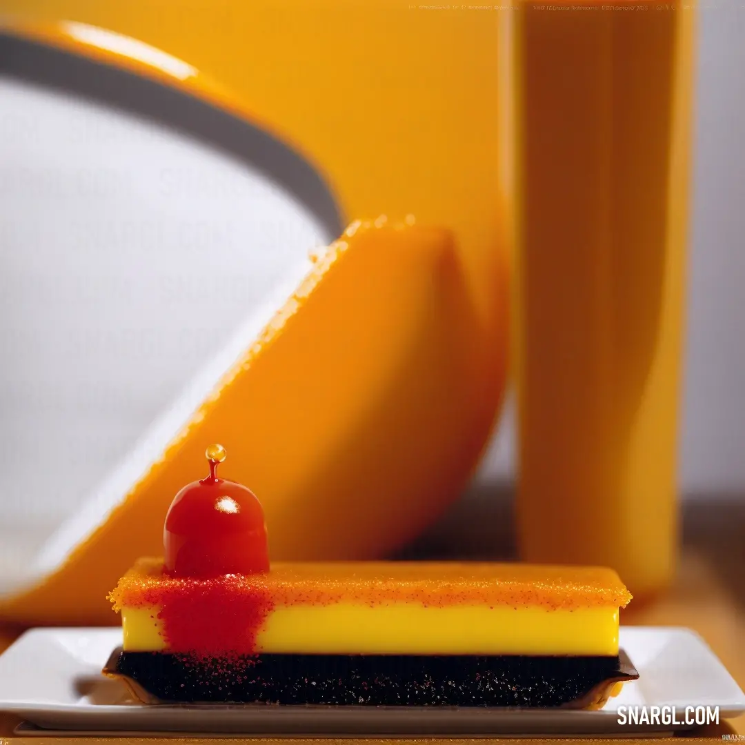 Piece of cake on top of a white plate next to a yellow and red object on a table