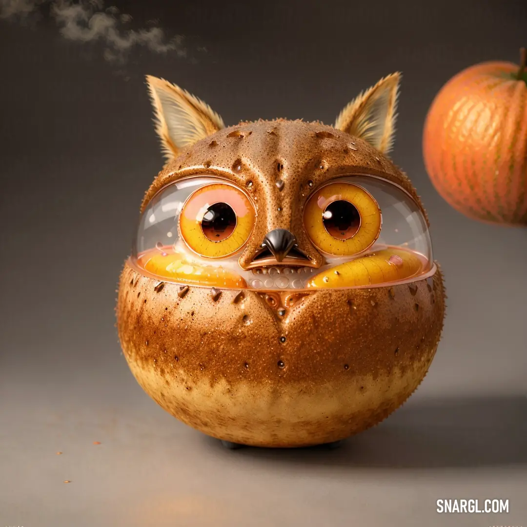 Strange looking owl with a bubble in its mouth and a pumpkin in the background